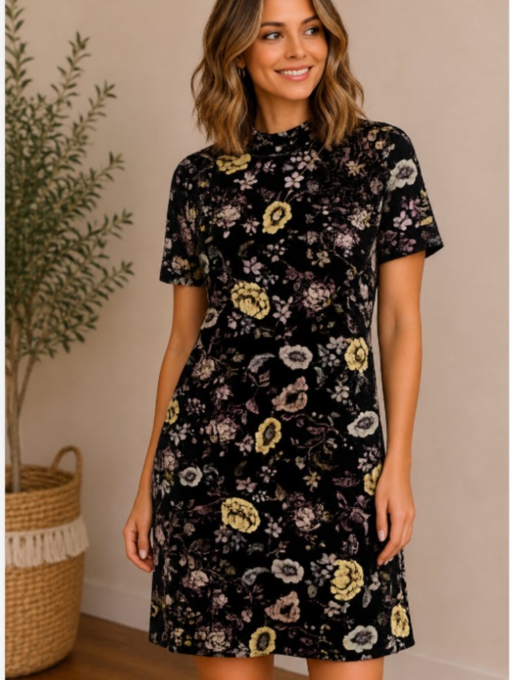 Current Project LIKE NEW velvet stretch floral mock neck short sleeve fall dress
